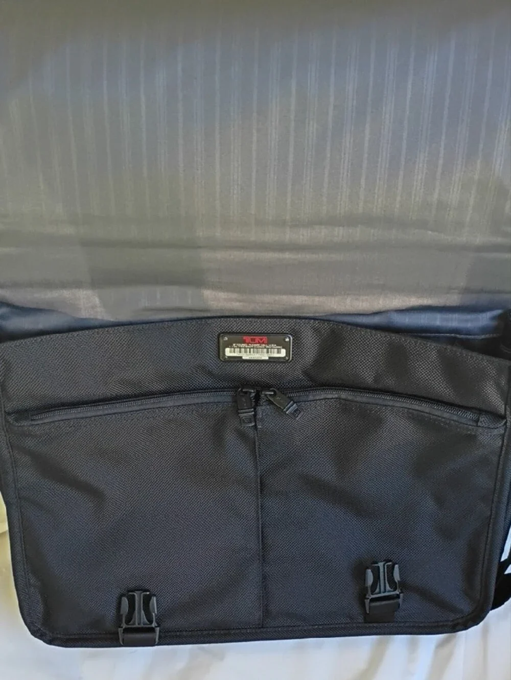 Tumi Black Nylon Messenger with Red Logo Accent